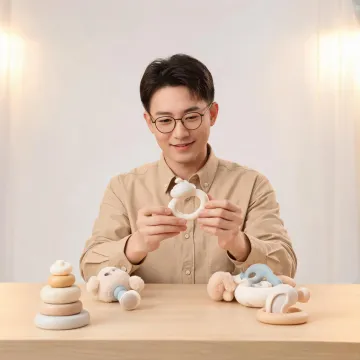 Product stage specialist reviewing baby toy prototypes