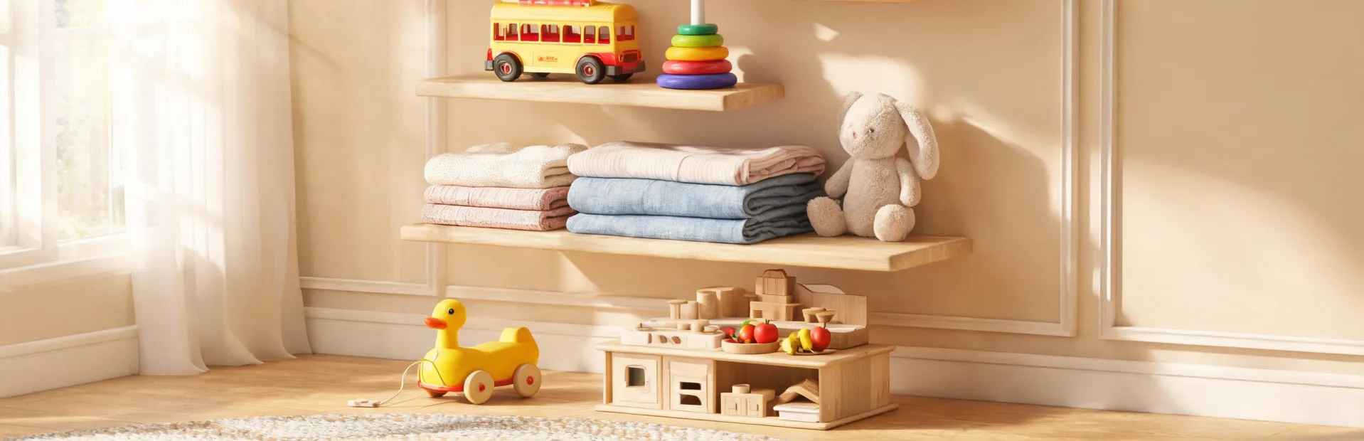 Warm Fisher Price heritage wall with classic toys, modern nursery textiles, and family play photography