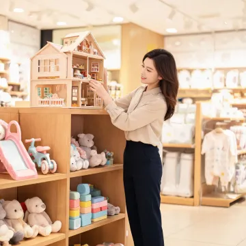 Retail planner arranging toy category displays