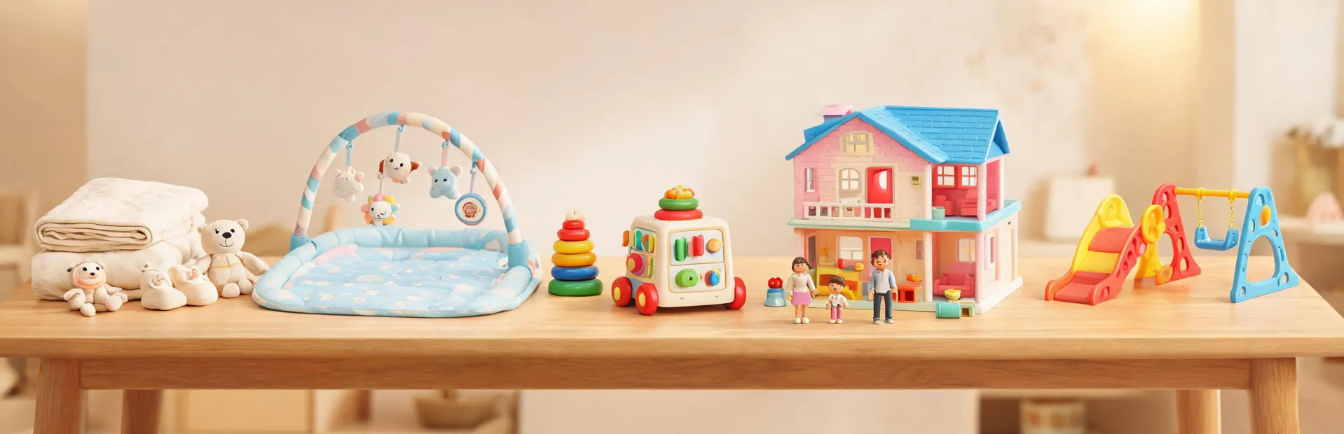 Age-stage buying guide table with baby toys, toddler activity pieces, dollhouse, and nursery textiles