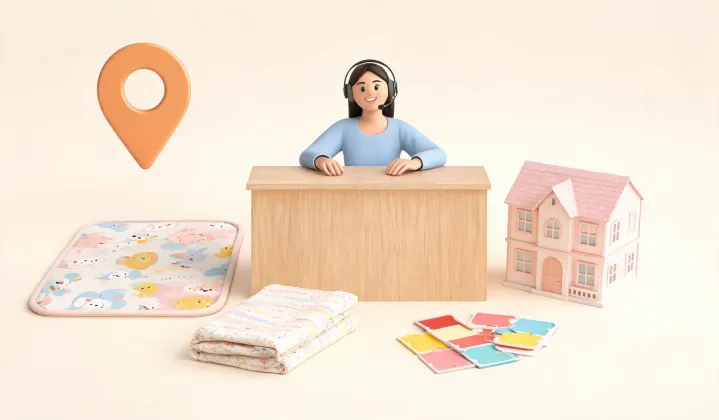 Illustrated map and service desk for Fisher Price family product support