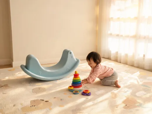 Toddler movement play area with rocker, blocks, and activity toys