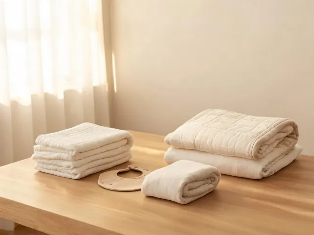 Organic baby blanket, bib, swaddle, and nursery textile set in a serene room