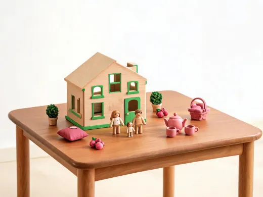 Preschool pretend play table with dollhouse figures and storytelling props