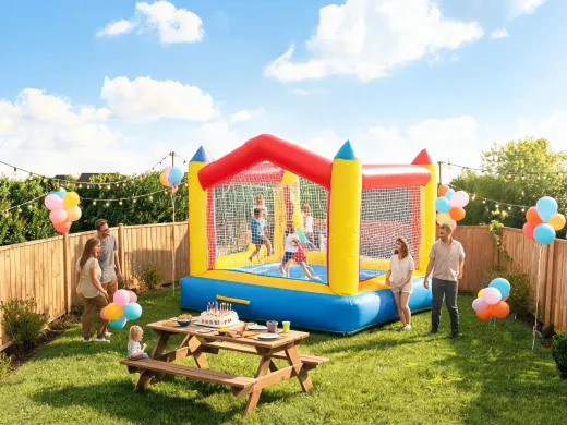 Birthday backyard play setup with colorful inflatable activity equipment
