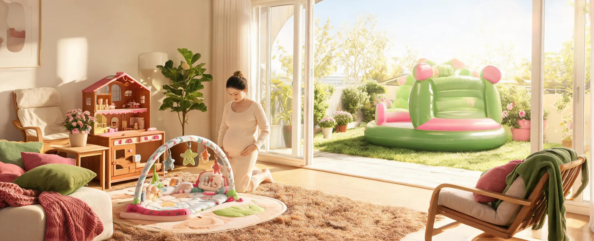 A bright nursery playroom with Fisher Price baby gym, dollhouse playset, soft blankets, and a backyard bounce play piece arranged for families