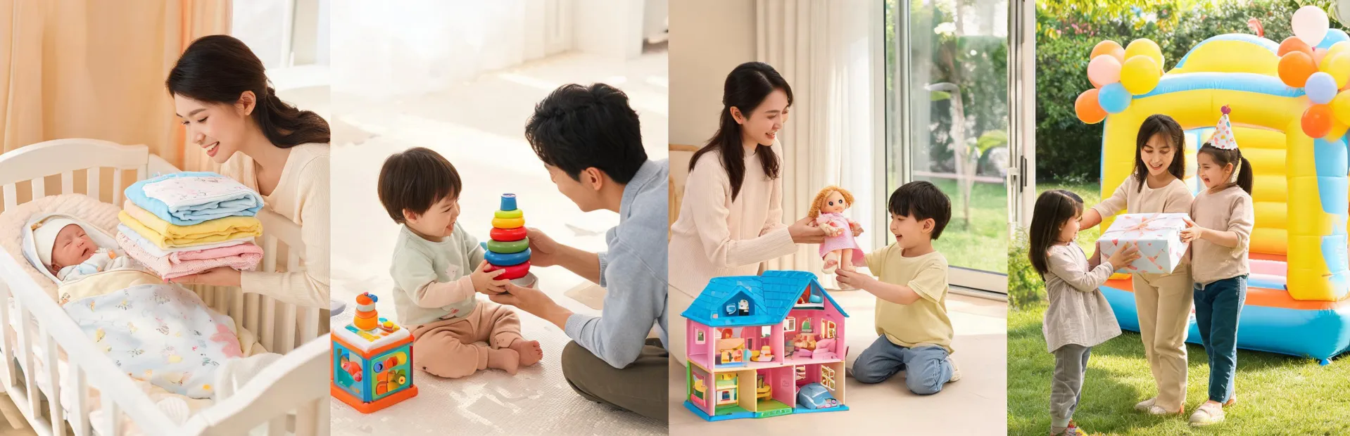 Gift and age-stage play moments with newborn textile set, toddler activity area, preschool dollhouse, and backyard inflatable