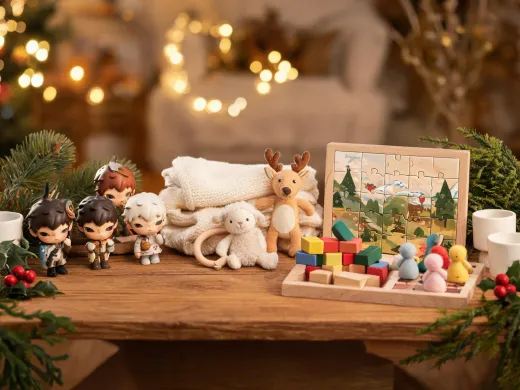 Holiday gift table with collectible figures, soft goods, and family toys