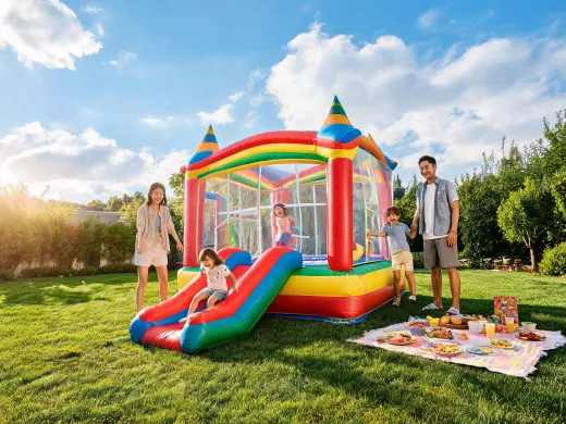 Backyard party with colorful inflatable play equipment