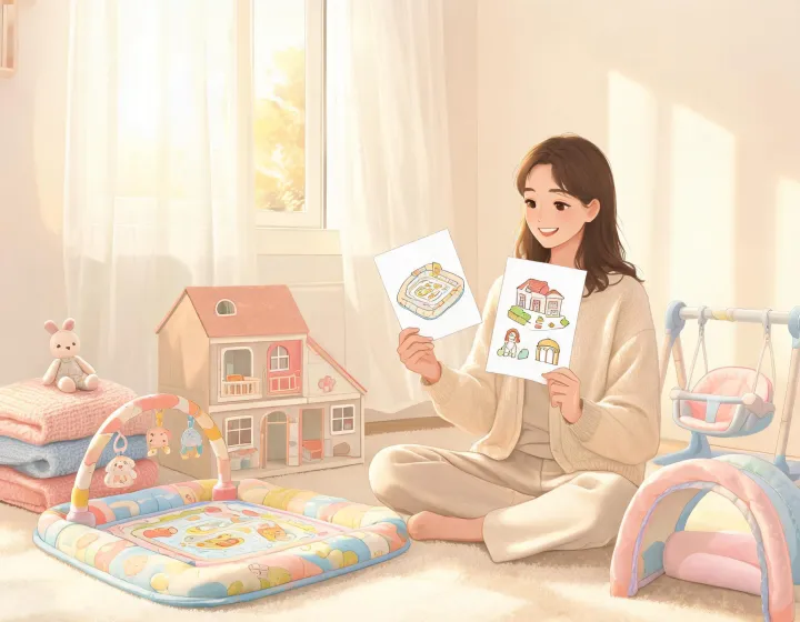 Parent reviewing Fisher Price product choices with age-stage cards and nursery toys